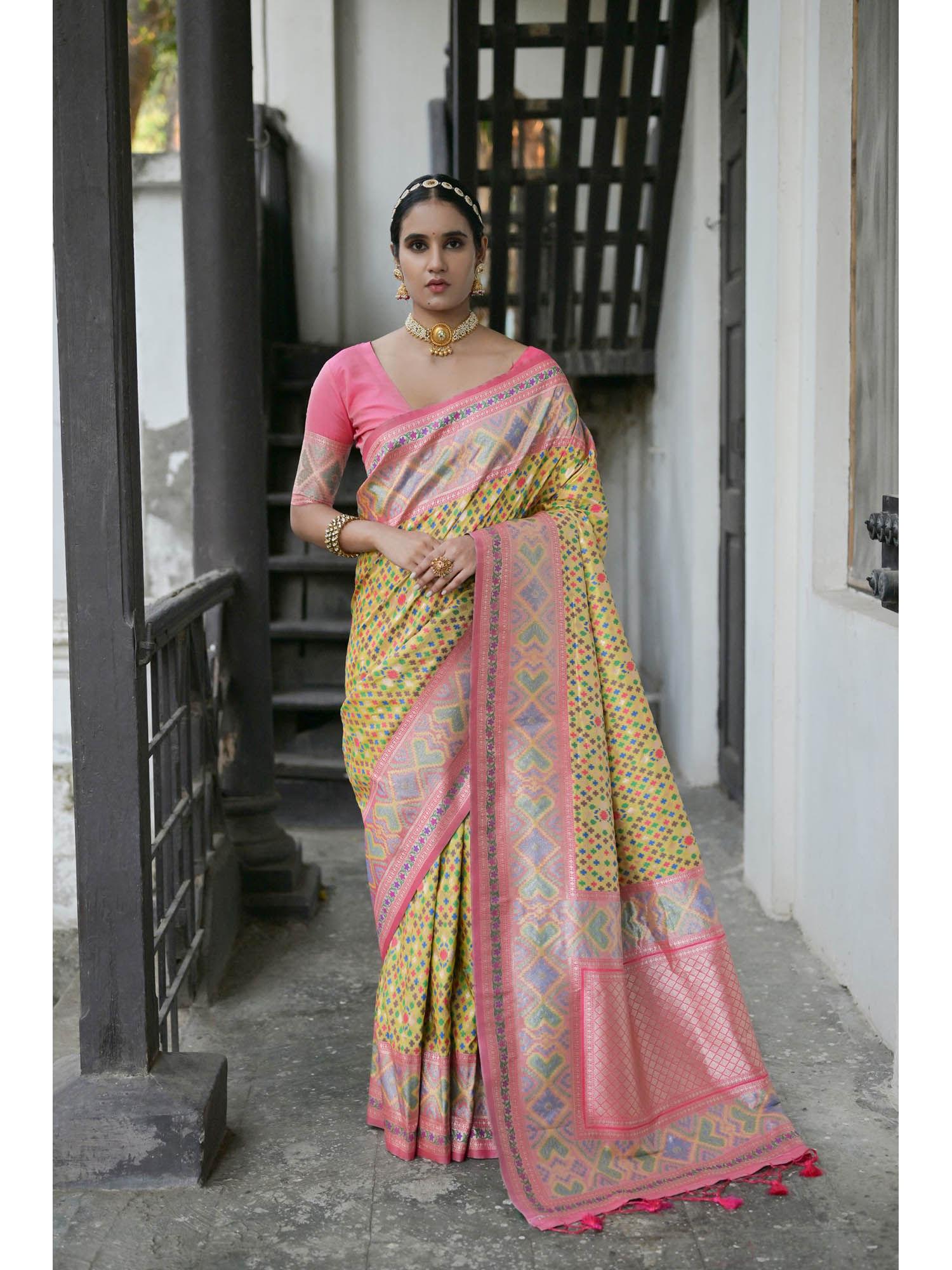 yellow zari woven meenakari weaves pathani silk saree with unstitched blouse