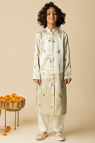 yellowish silver lurex & cotton voile embroidered achkan set for boys