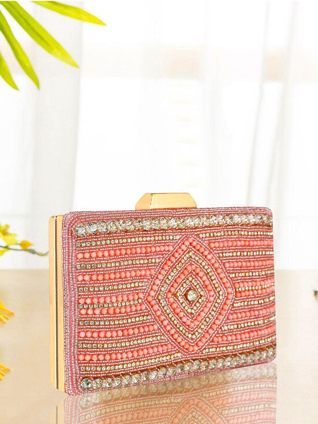yessbenza peach-coloured & gold-toned embroidered box clutch