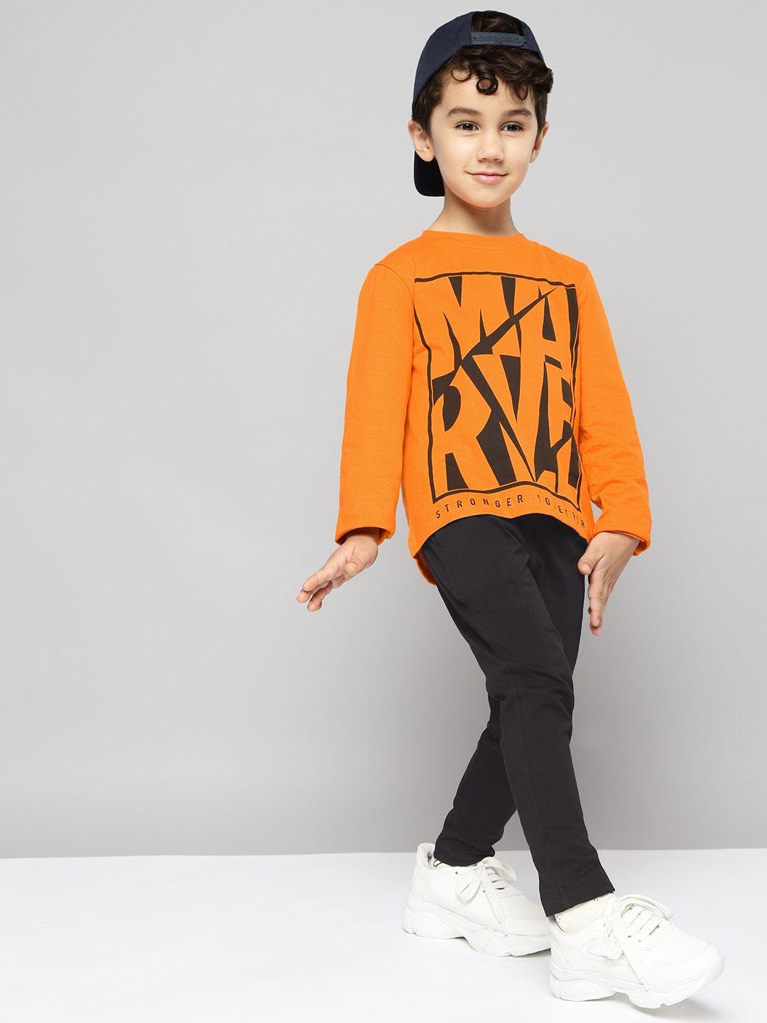 yk boys orange & black marvel printed cotton clothing set