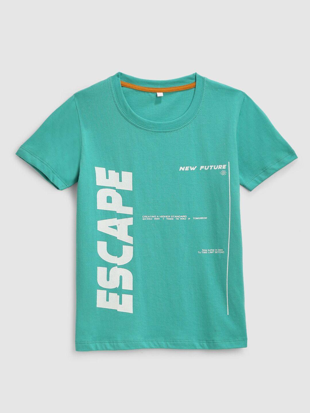 yk boys teal green typography printed cotton running t-shirt