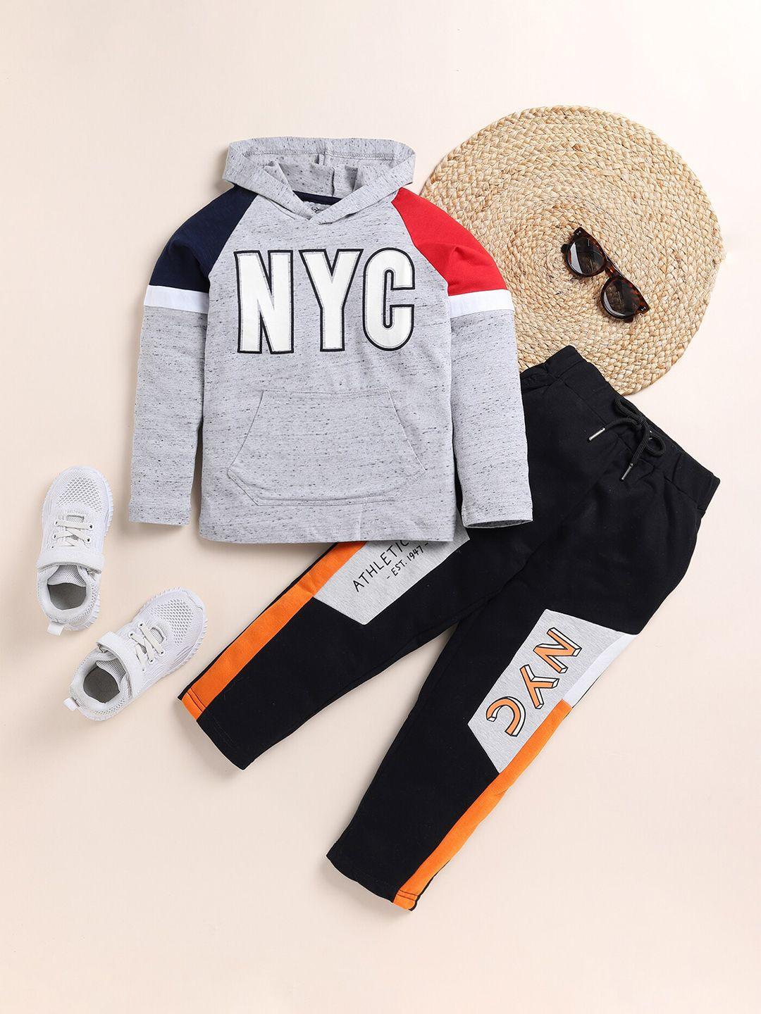 yk boys typography printed hooded pure cotton sweatshirts with trousers