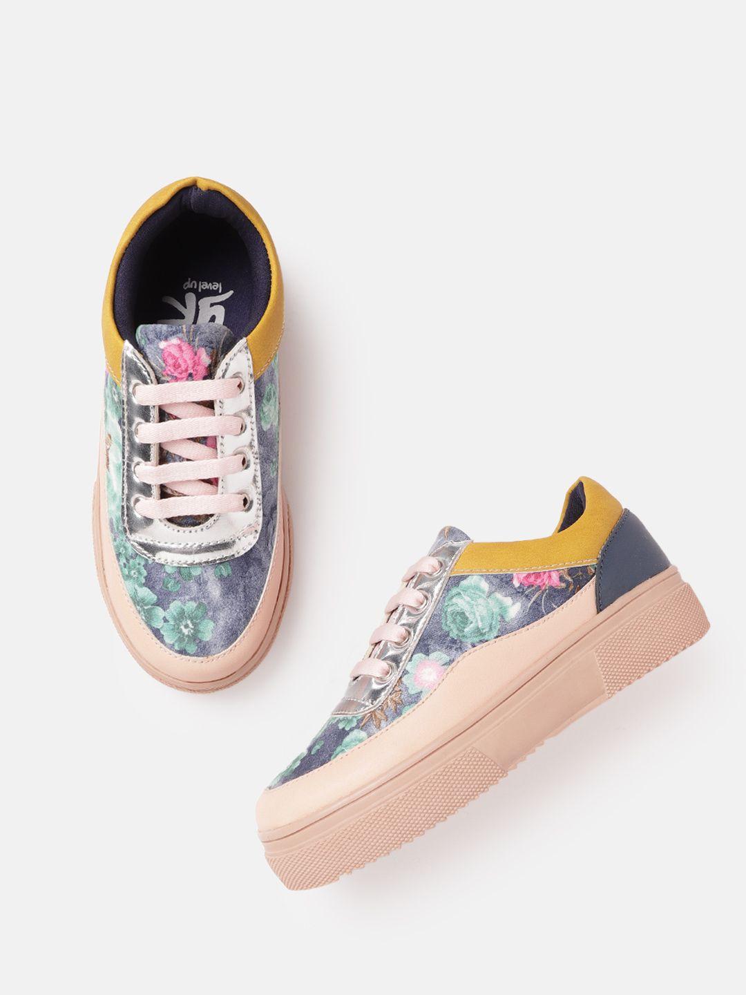 yk girls peach-coloured & blue floral print sneakers