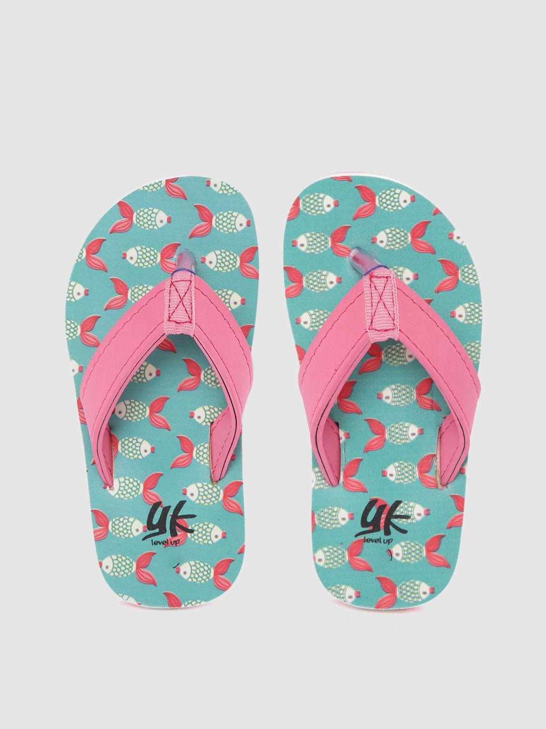 yk girls pink & sea green fish print thong flip-flops