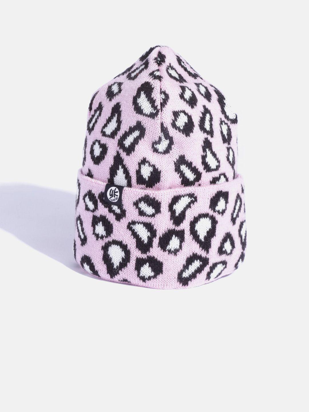 yk girls pink & white leopard self-design beanie