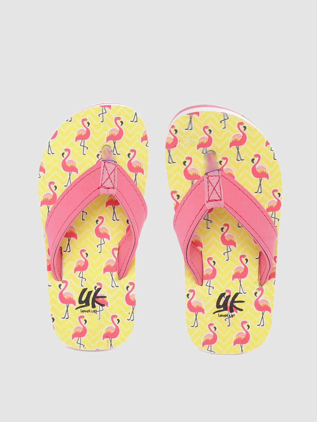 yk girls pink & yellow flamingo print thong flip-flops