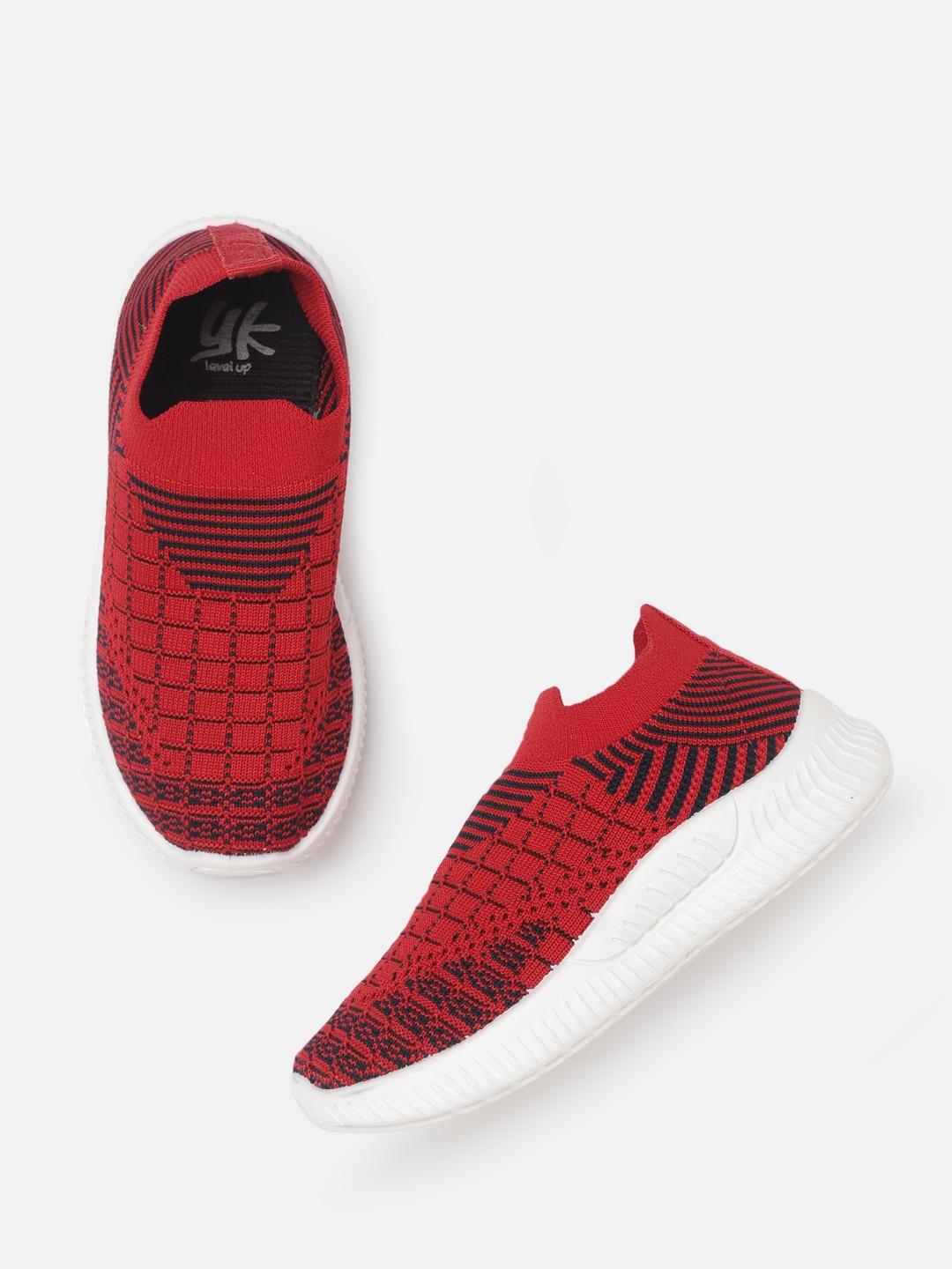 yk girls red & black woven design slip-on sneakers
