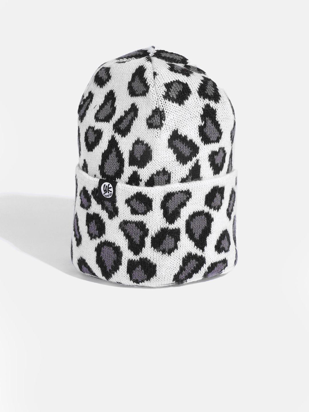 yk girls white & charcoal leopard self-design beanie