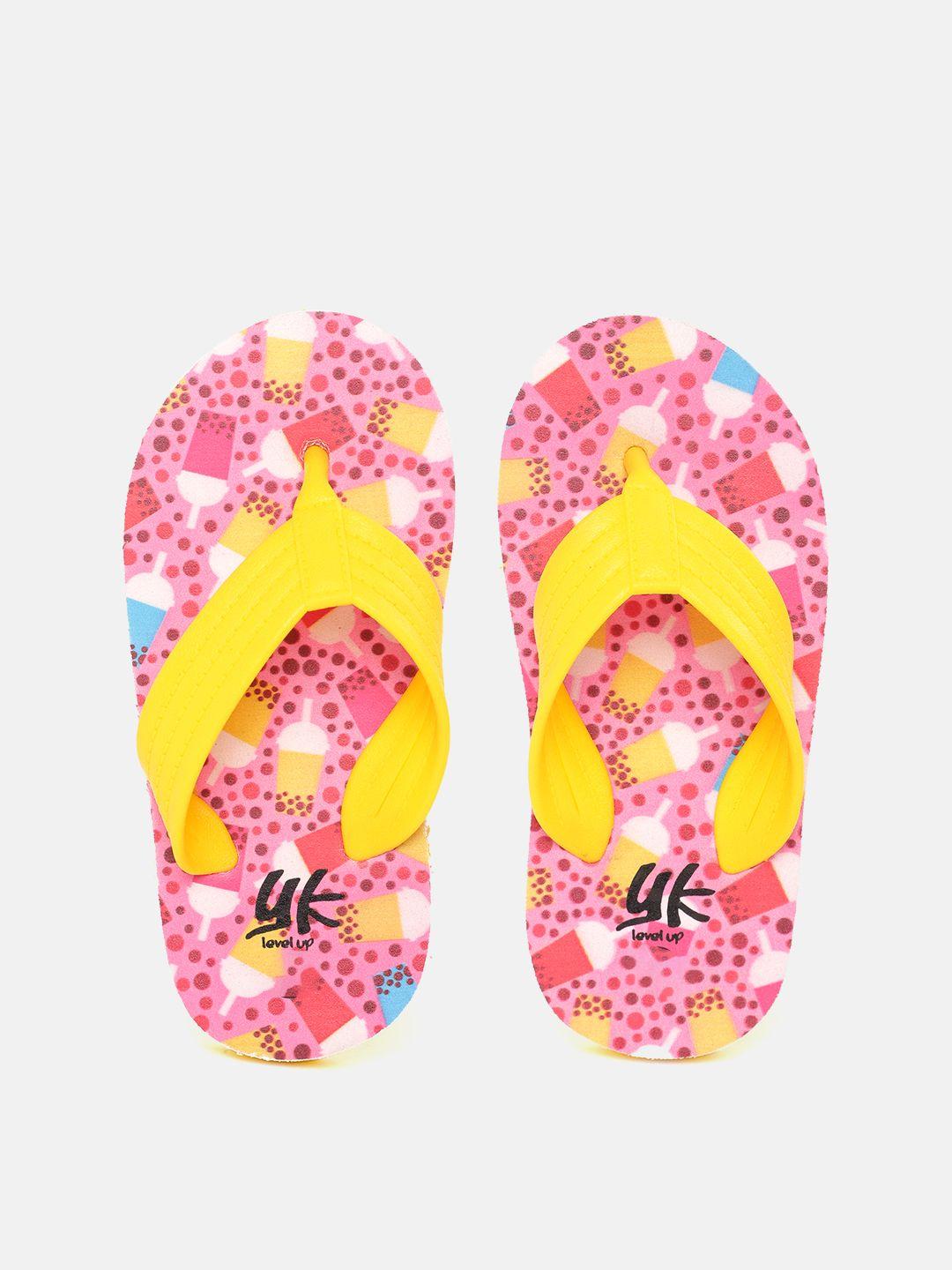 yk girls yellow & pink conversational print thong flip-flops