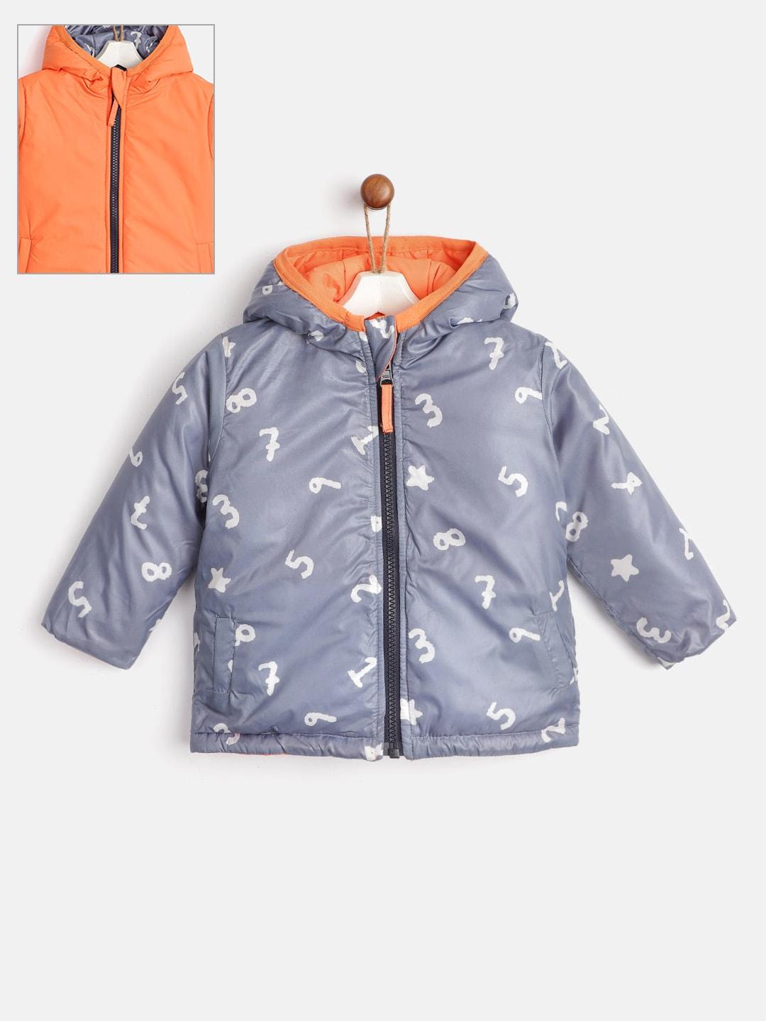 yk infant boys navy blue & orange typography print reversible padded jacket