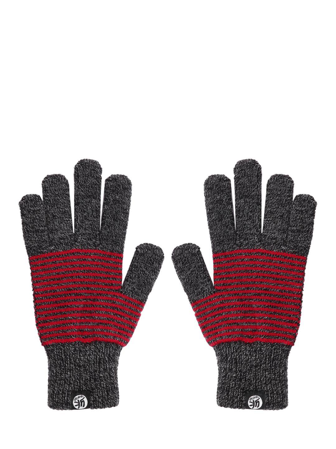 yk kids charcoal grey & red striped hand gloves