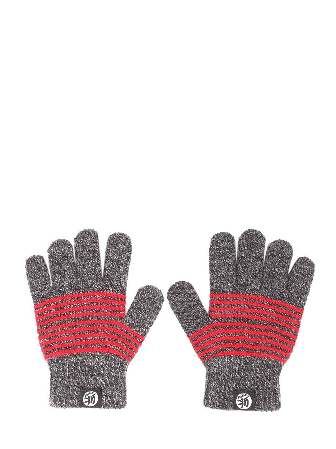 yk kids grey melange & red striped hand gloves