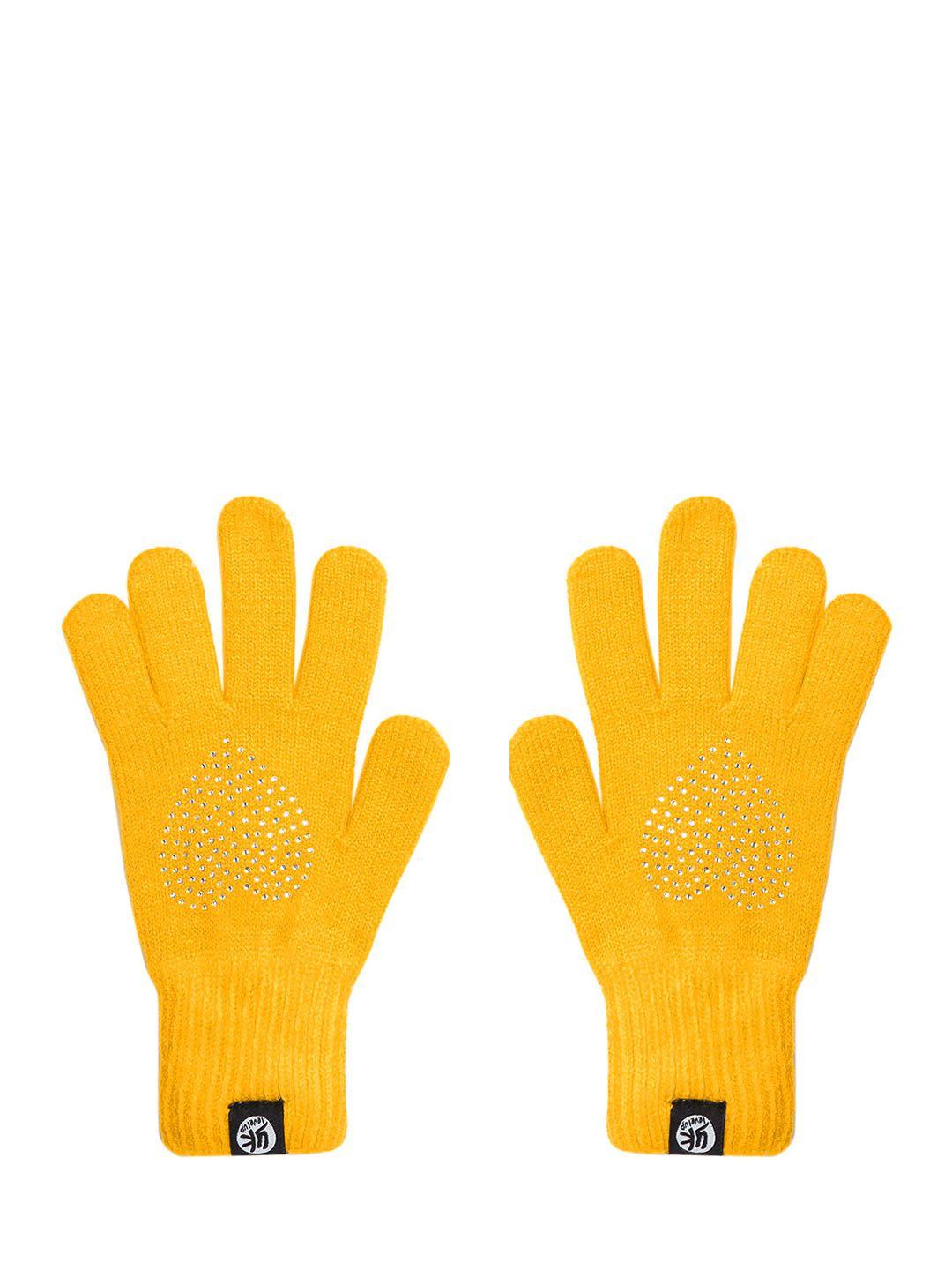 yk kids mustard yellow heart embellished hand gloves