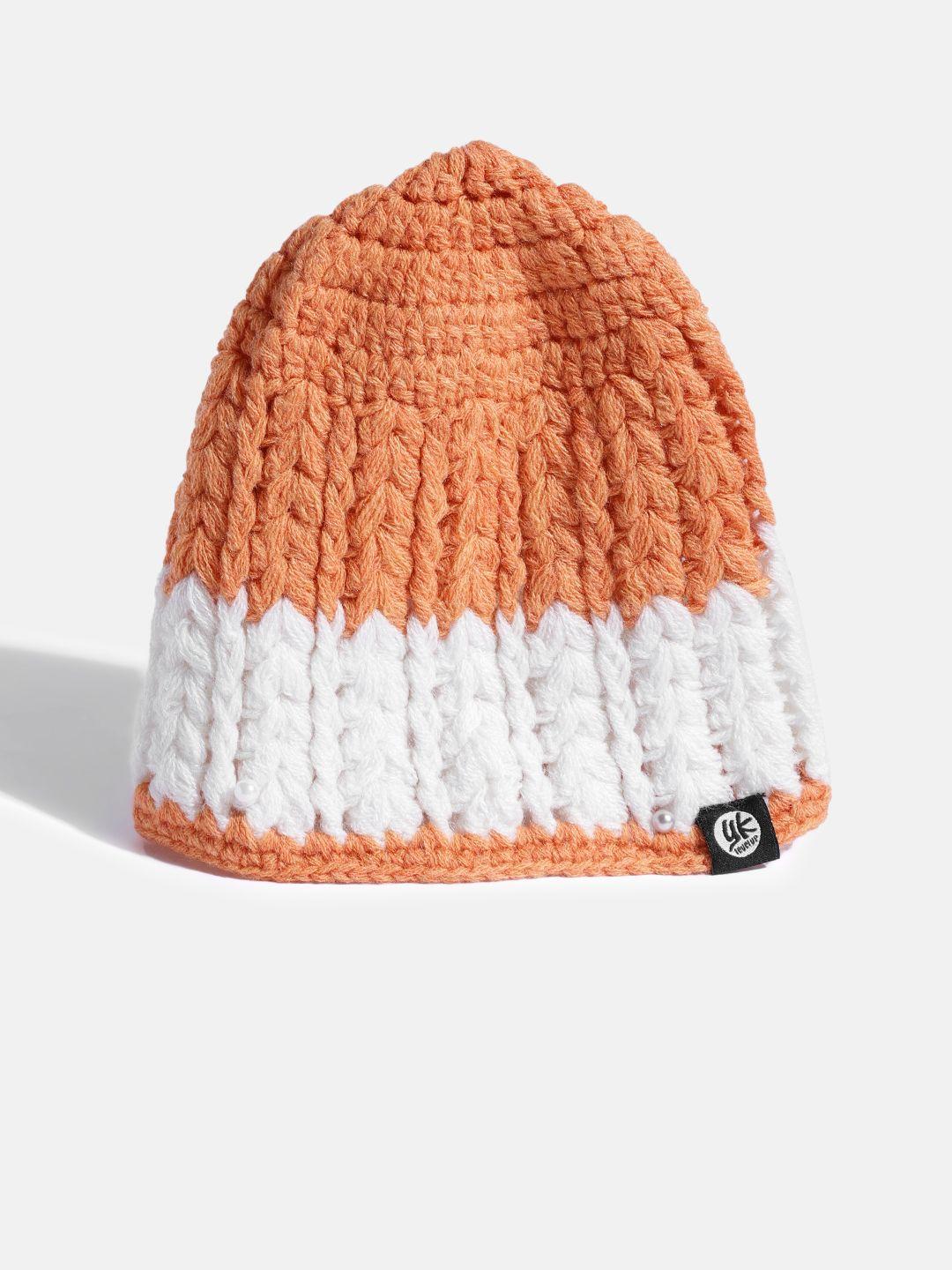 yk kids orange & white colourblocked open knit beanie