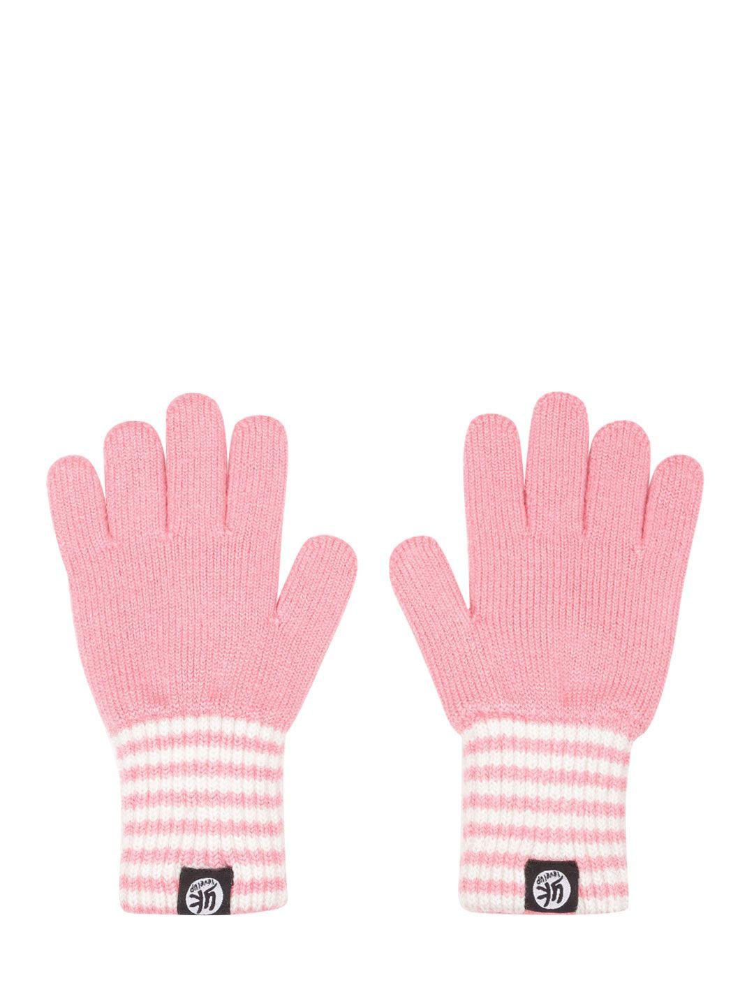 yk kids pink & white solid hand gloves with striped detail