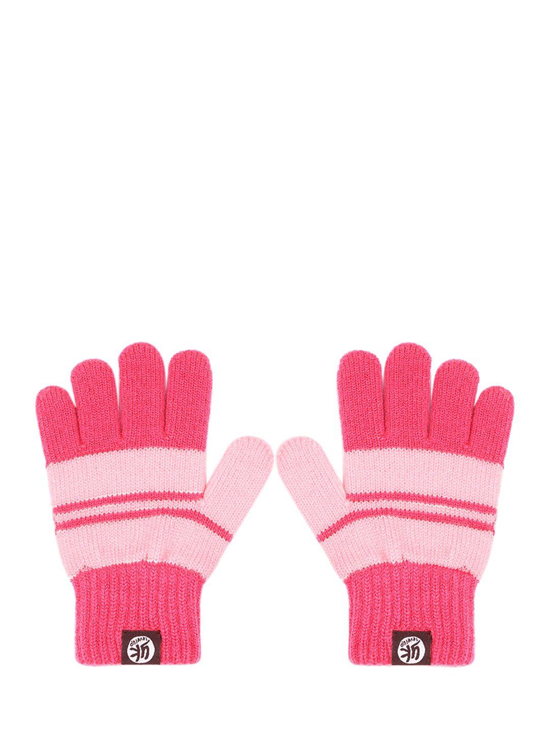 yk kids pink striped acrylic gloves