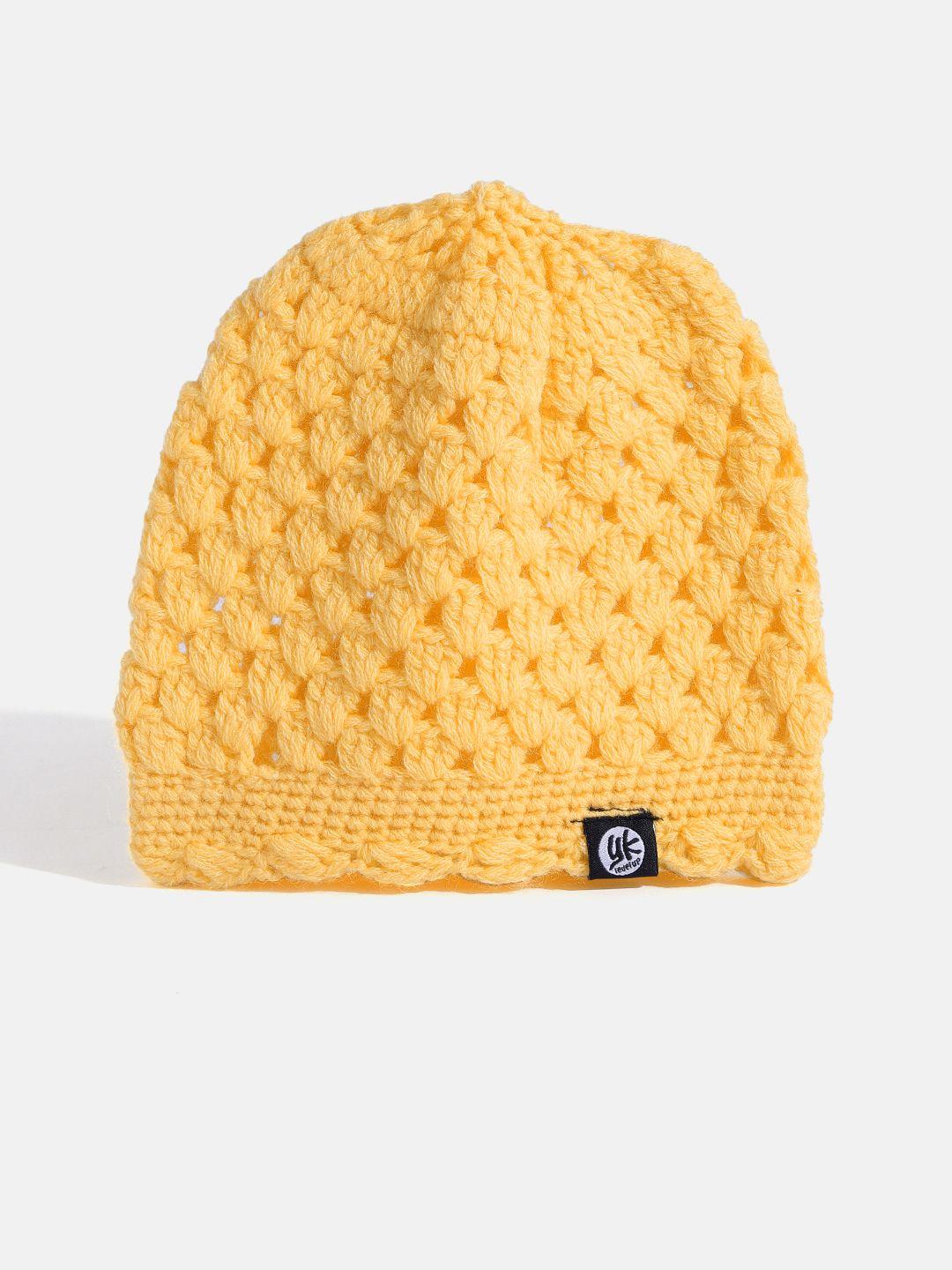 yk kids yellow open knit design beanie