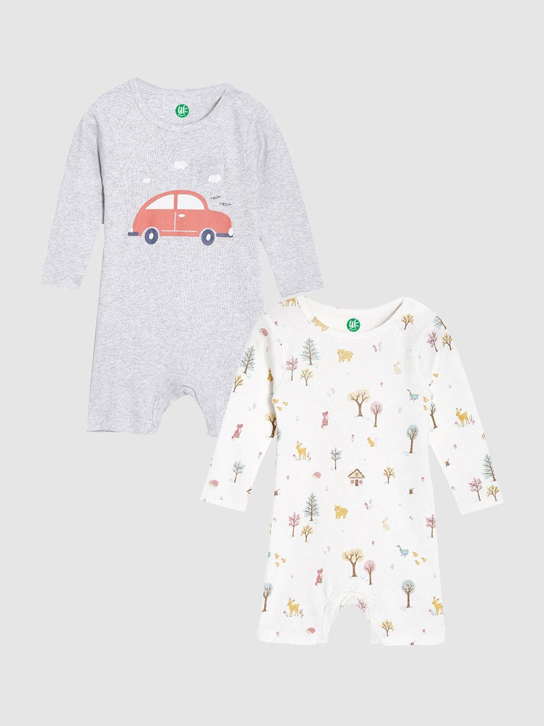 yk organic boys pack of 2 grey & white car printed organic cotton rompers