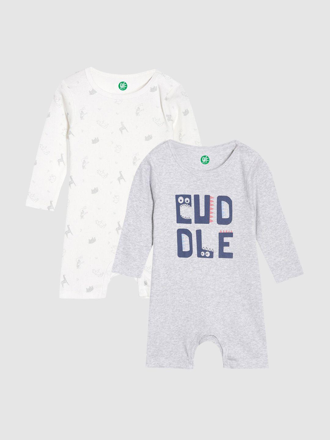 yk organic boys pack of 2 grey & white printed pure cotton rompers