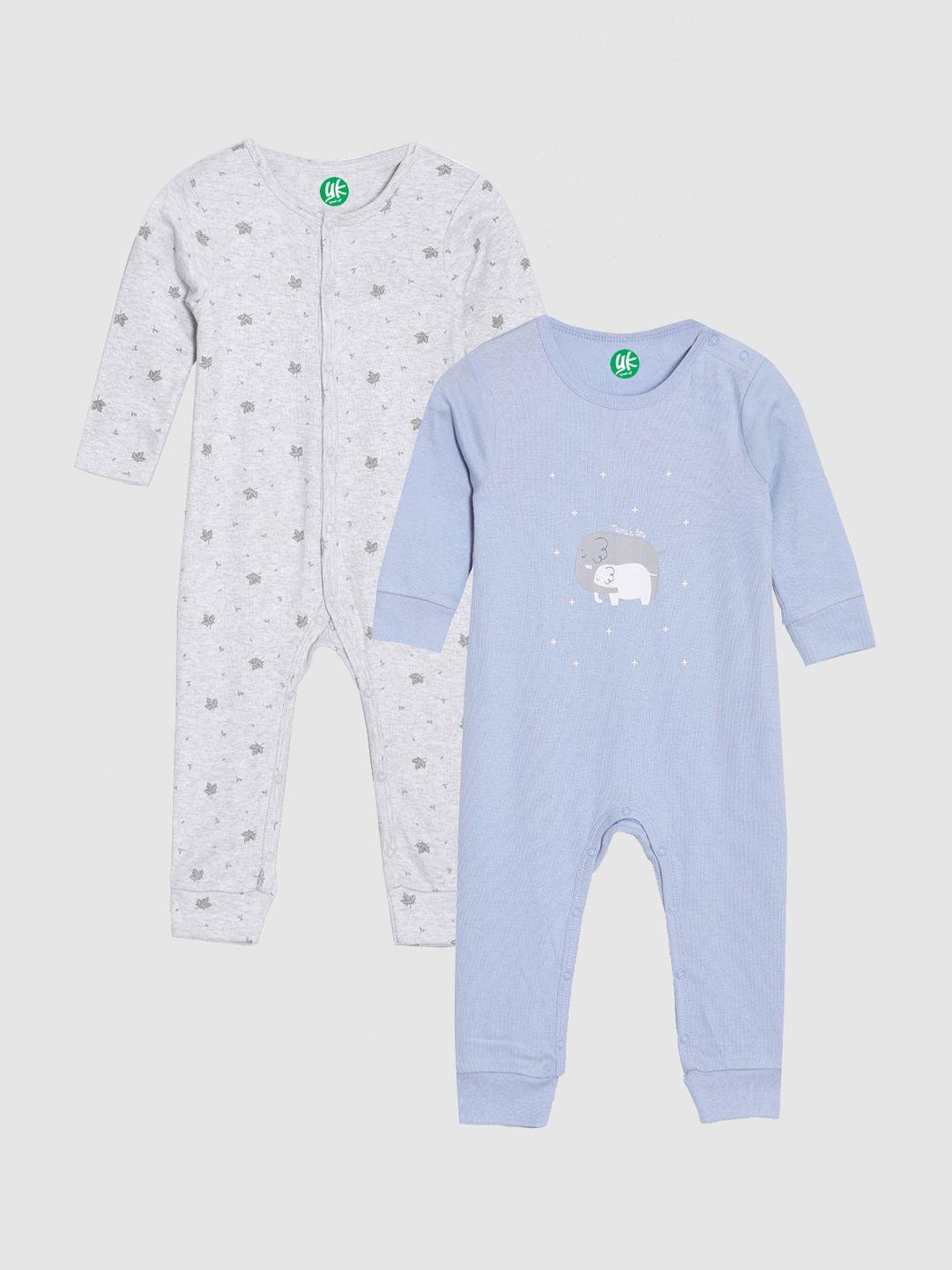 yk organic infant boys pack of 2 grey and blue printed organic cotton rompers