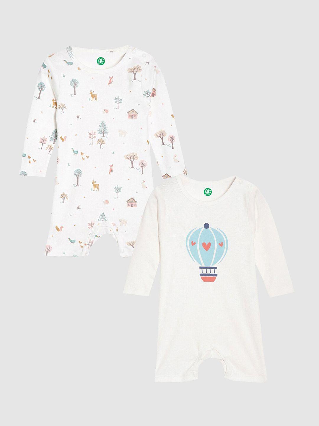 yk organic infant boys pack of 2 white printed organic cotton rompers
