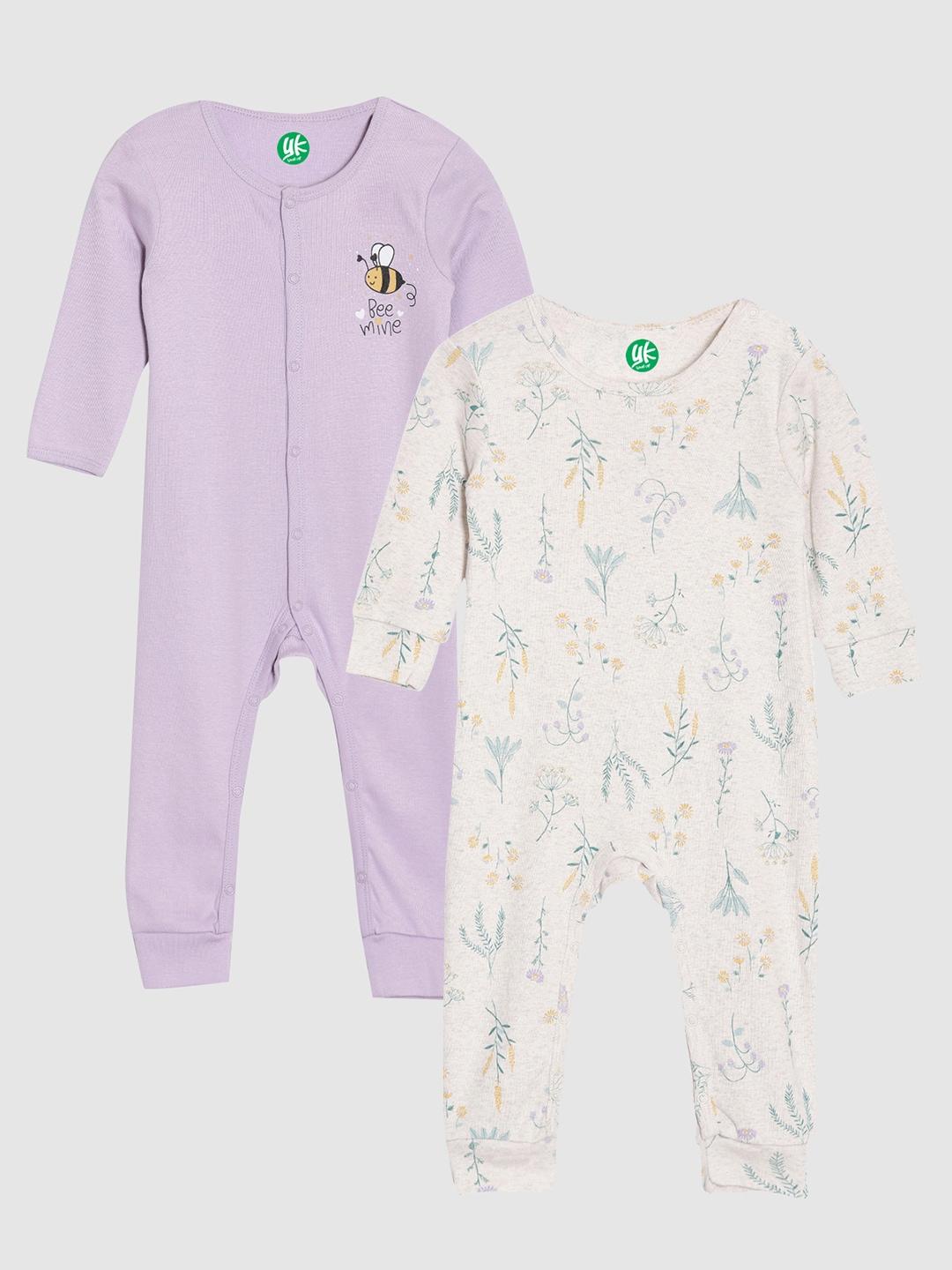 yk organic infant girls pack of 2 lavender & off-white printed pure organic cotton rompers