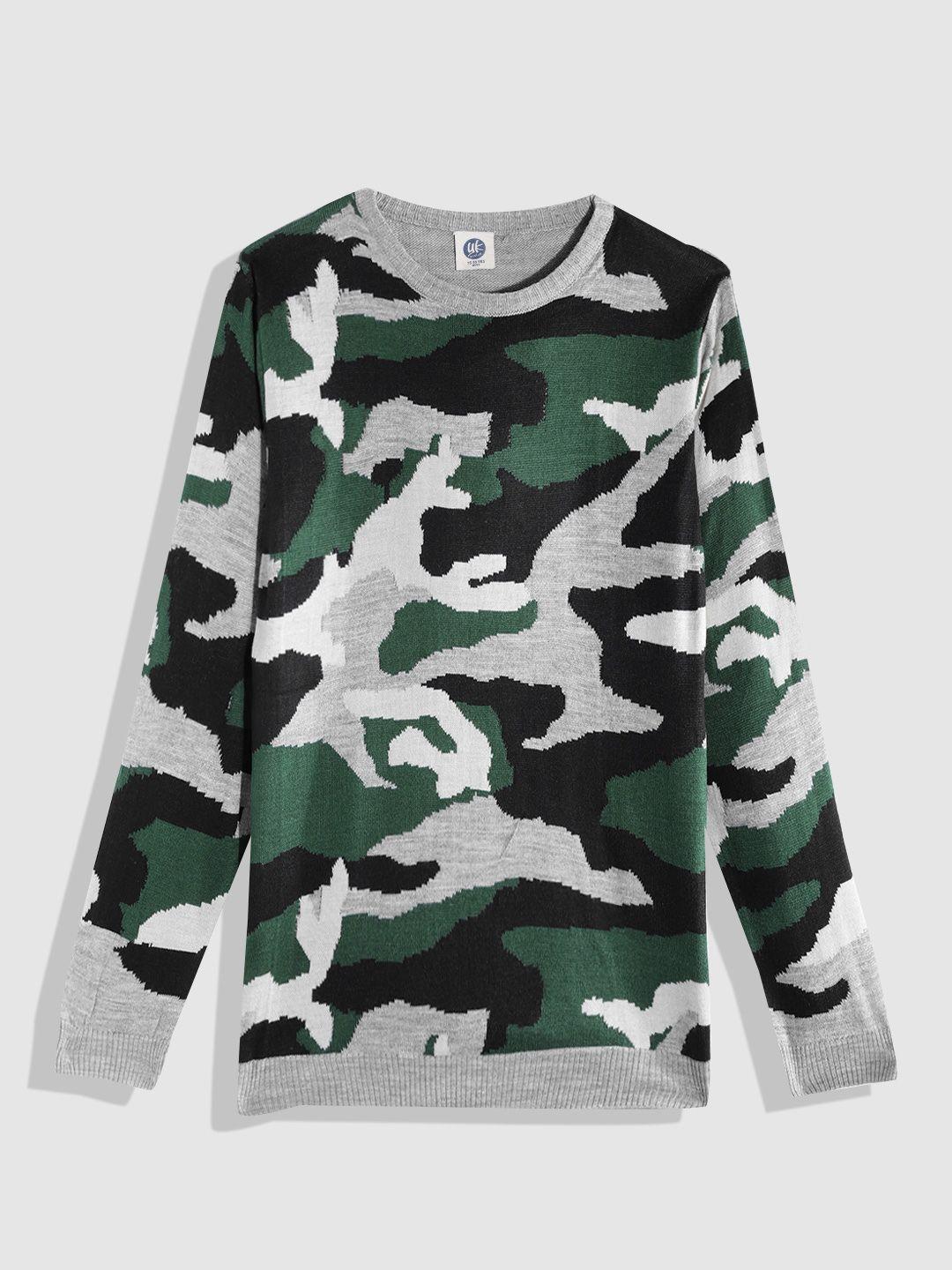 yk teen boys grey melange & green camouflage design pullover