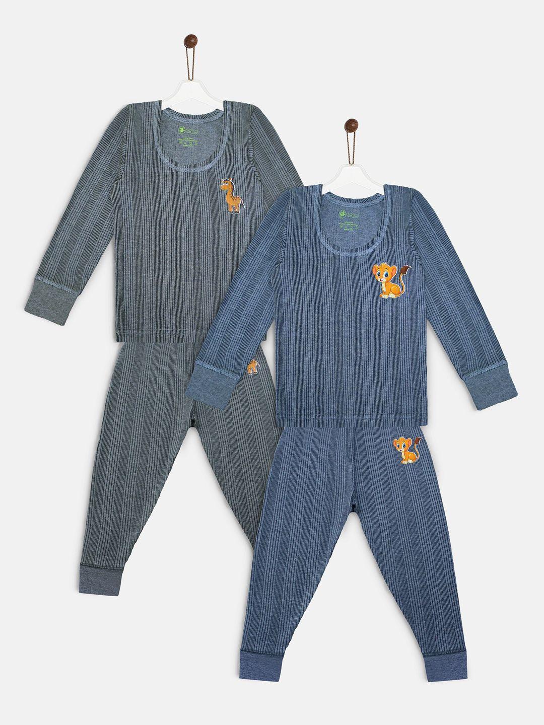 yk basics kids pack of 2 grey & blue striped thermal set