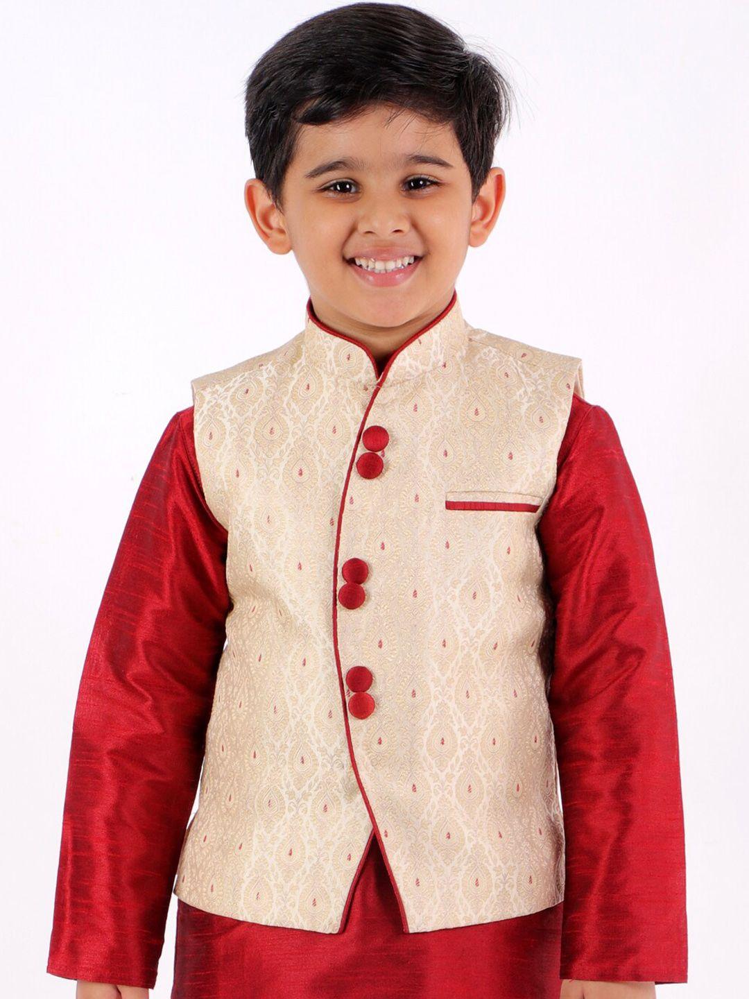 yk boys beige & maroon woven-design slim-fit nehru jacket