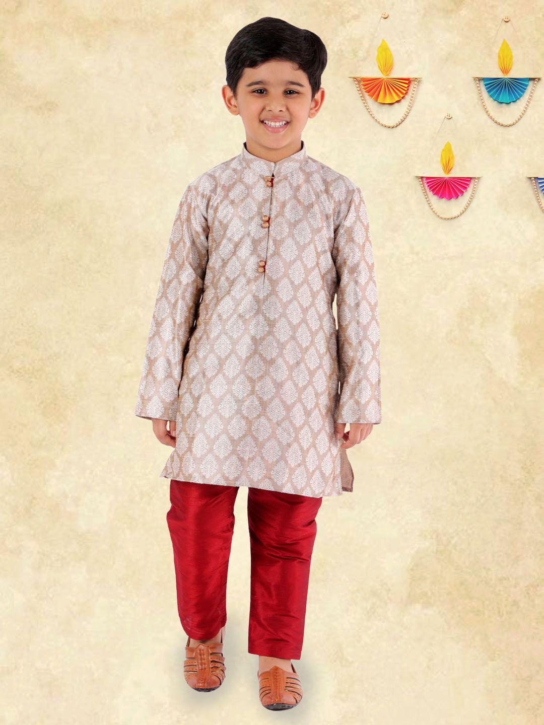 yk boys beige ethnic motifs mandarin collar straight kurta with pyjama