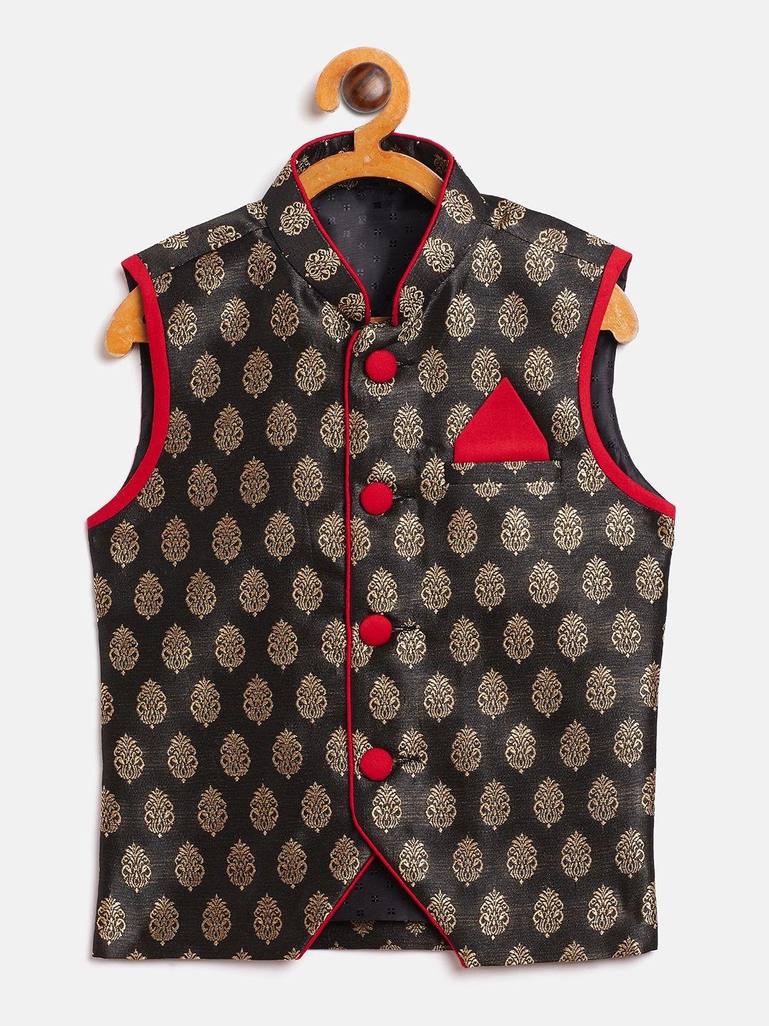 yk boys black & beige woven design nehru jacket