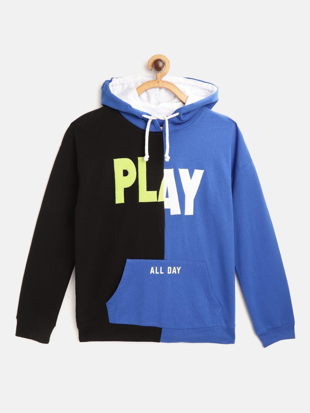 yk boys black & blue colourblocked hooded sweatshirt with applique