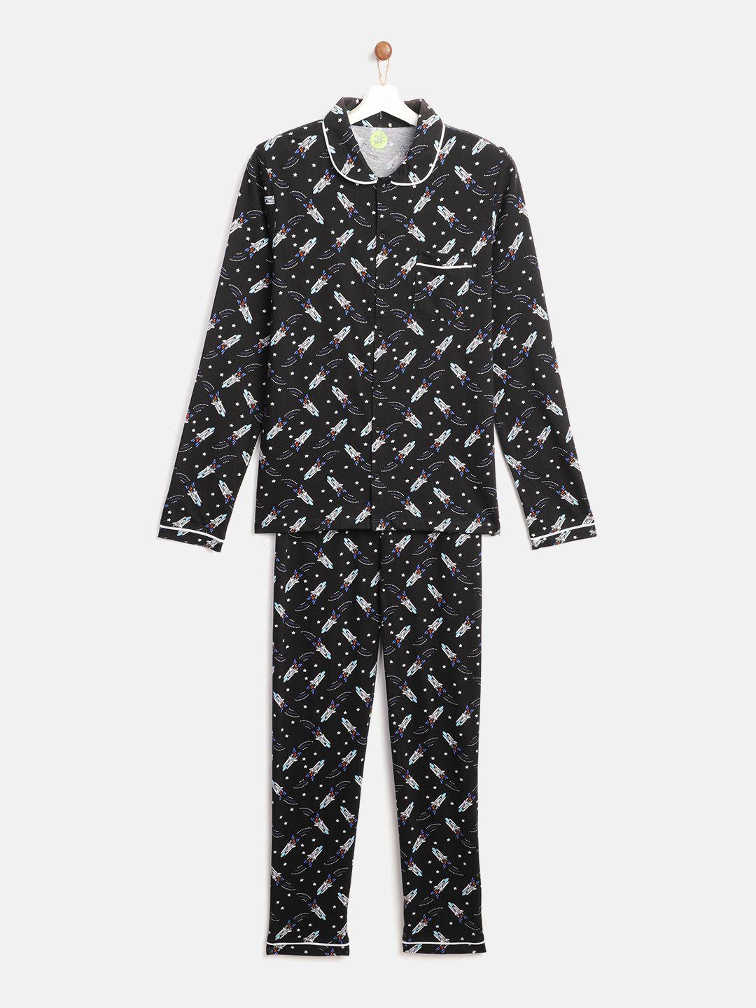 yk boys black & white rocket print pure cotton night suit