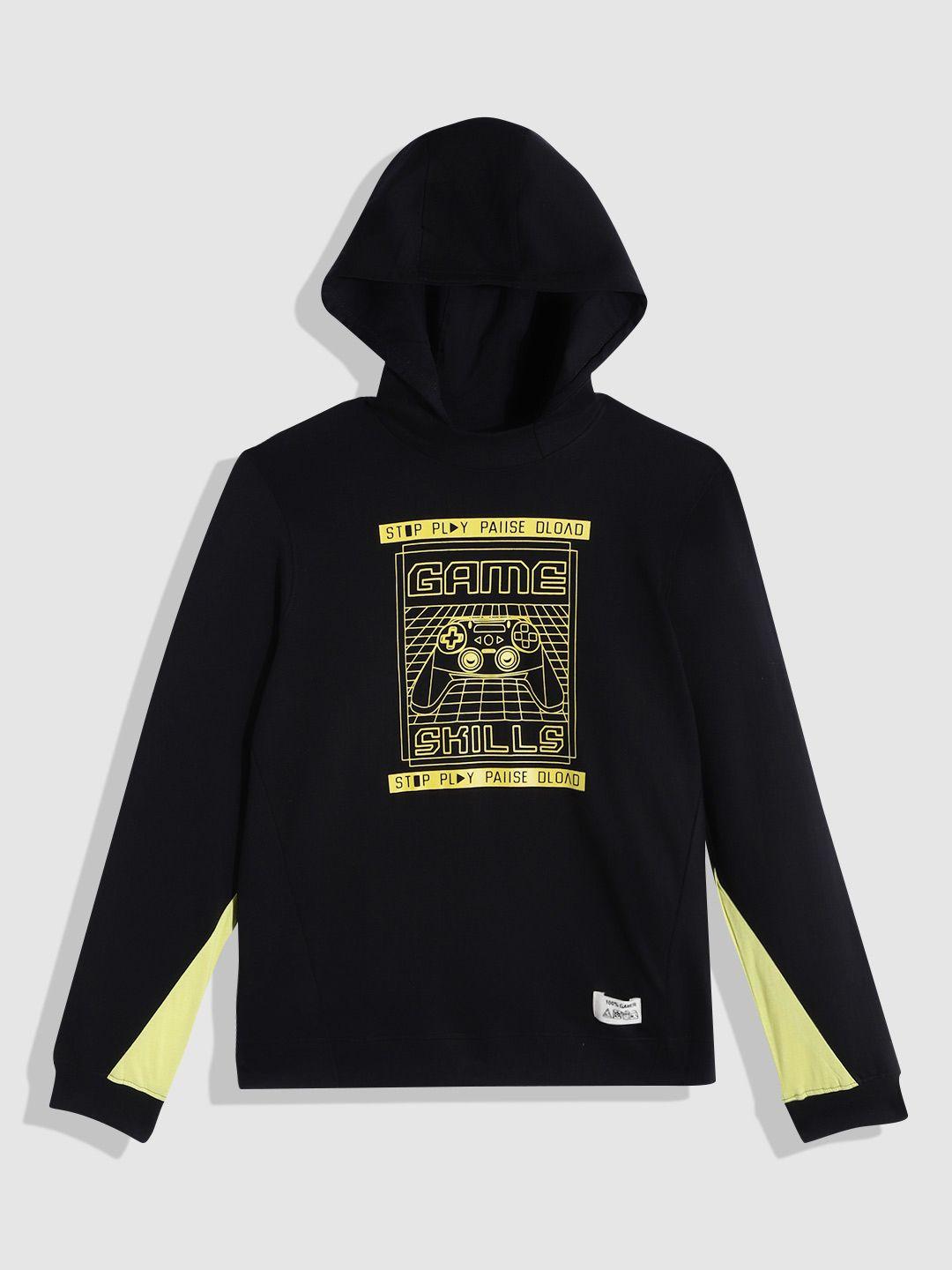 yk boys black & yellow graphic printed hooded sweatshirt