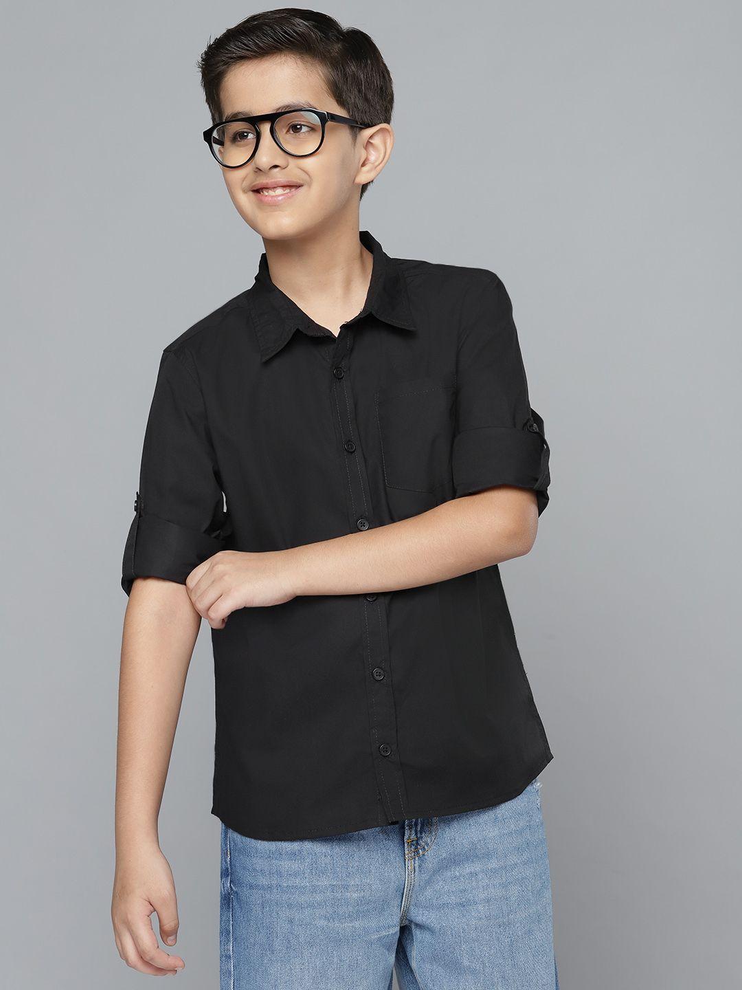 yk boys black regular fit solid casual shirt with checked bow tie