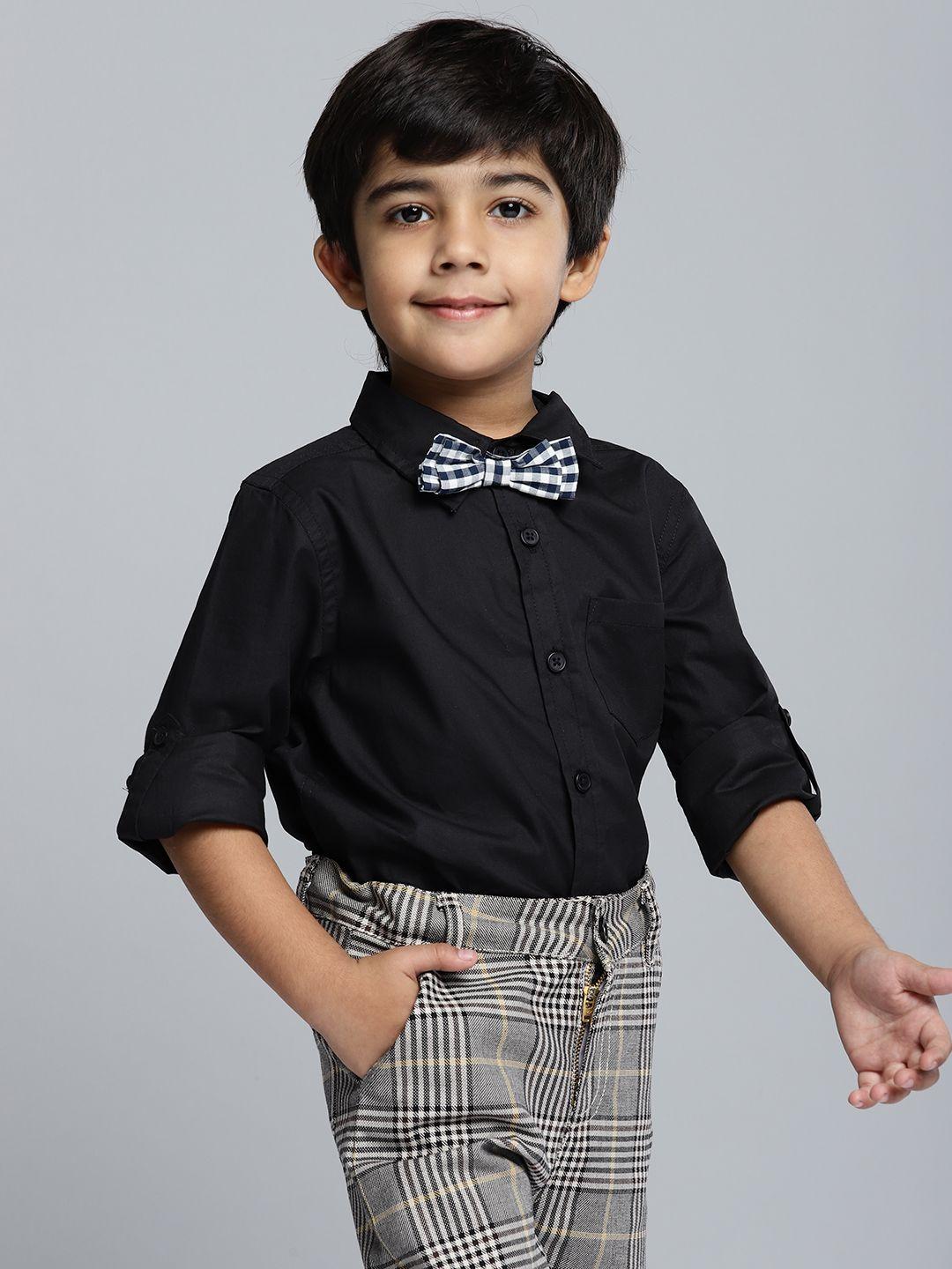 yk boys black regular fit solid casual shirt with checked bow tie