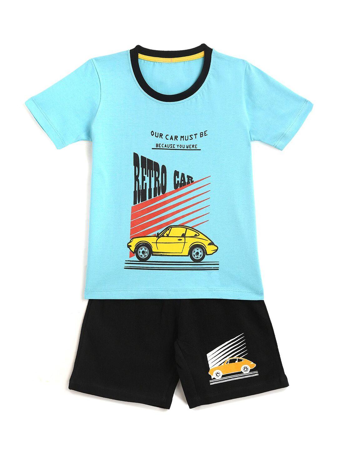 yk boys blue & black printed t-shirt with shorts