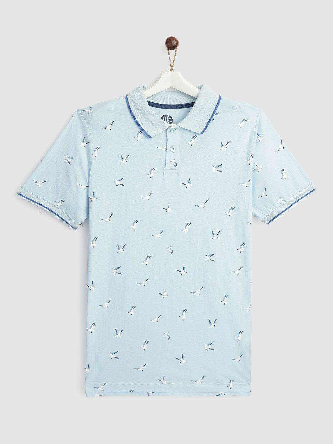 yk boys blue & white pure cotton nautical birds print polo collar t-shirt