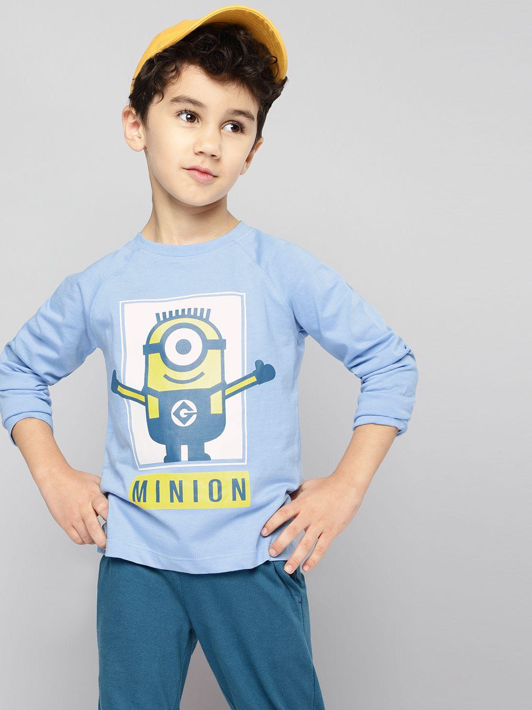 yk boys blue & yellow pure cotton minion print t-shirt with solid pyjamas