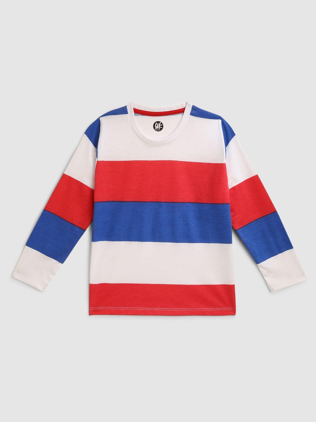 yk boys blue red & white horizontal colour blocked striped t-shirt