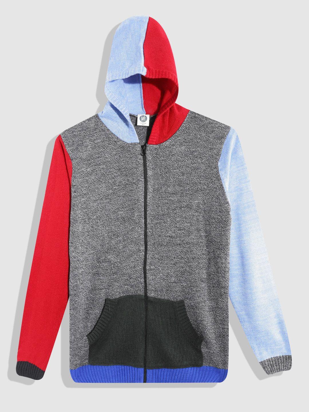 yk boys charcoal & blue colourblocked front-open hooded sweater