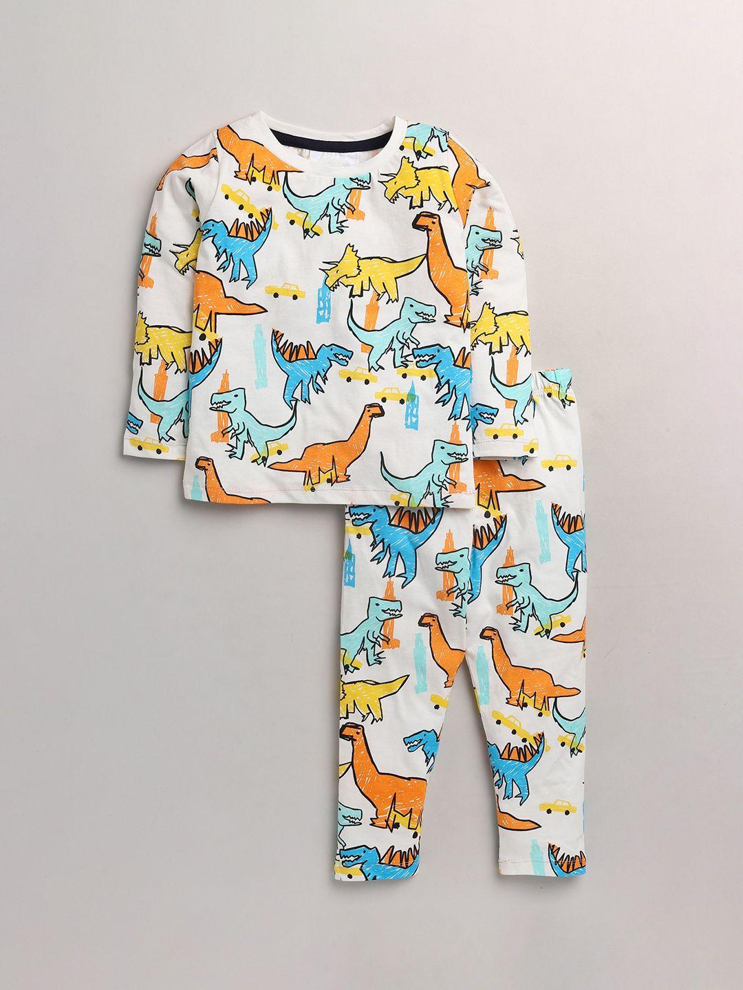 yk boys cream-coloured & blue all over dinosaurs printed night suit