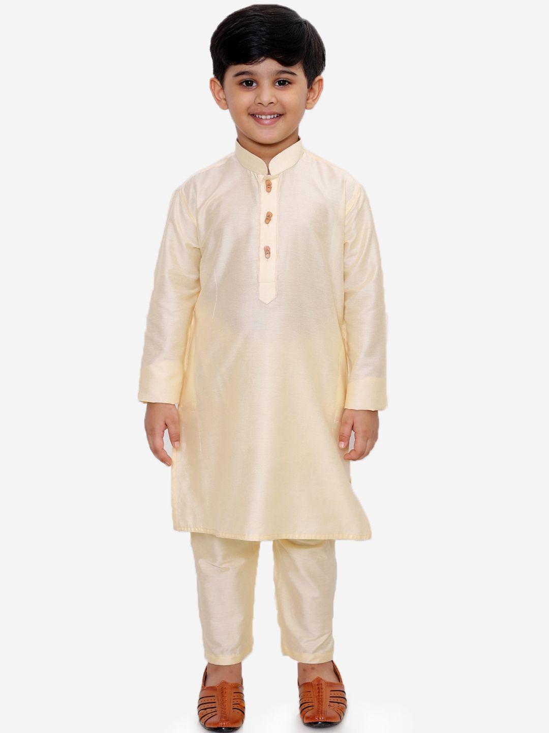 yk boys cream-coloured solid kurta with pyjamas