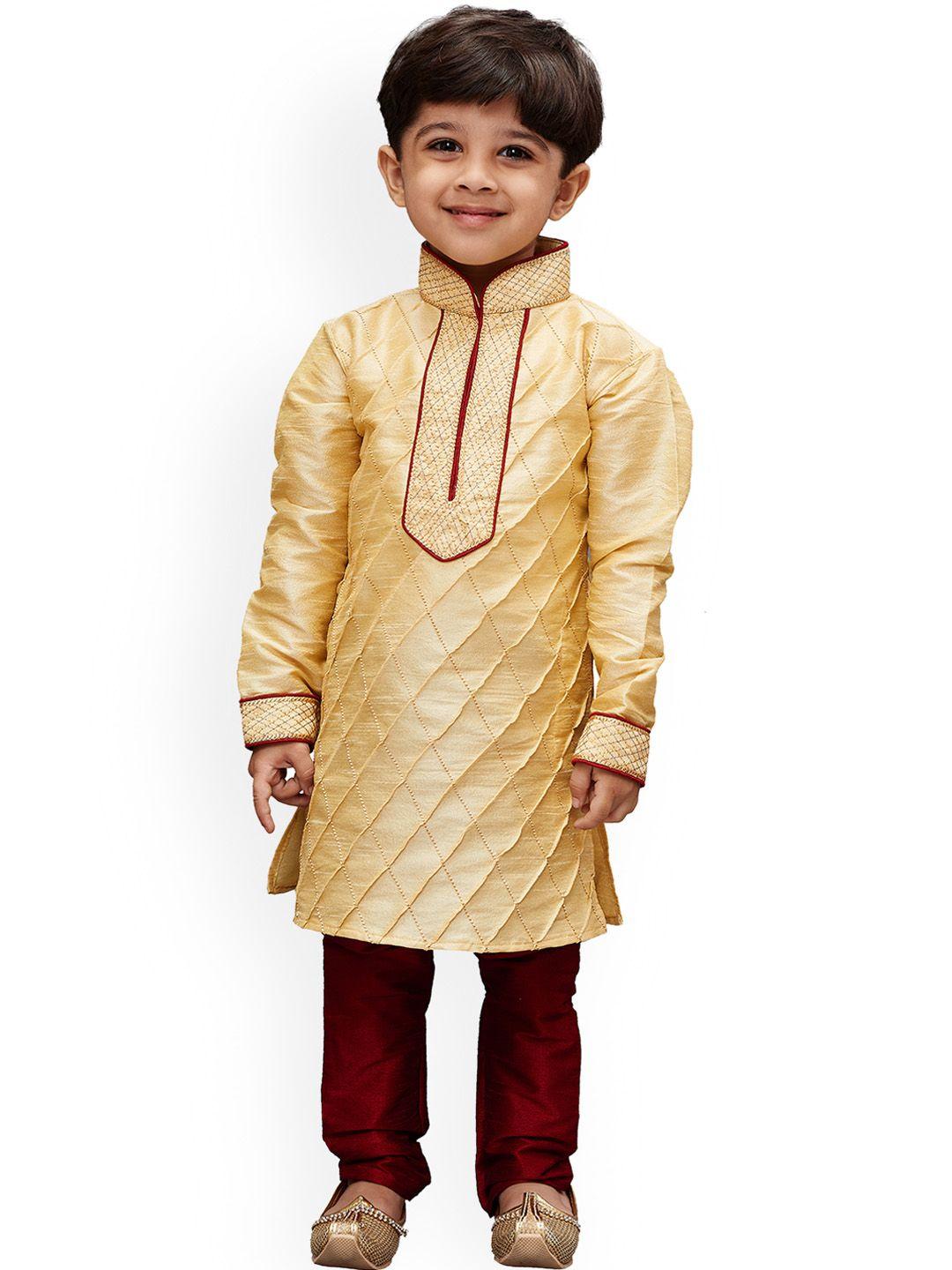 yk boys gold-coloured & maroon self-design kurta with pyjamas