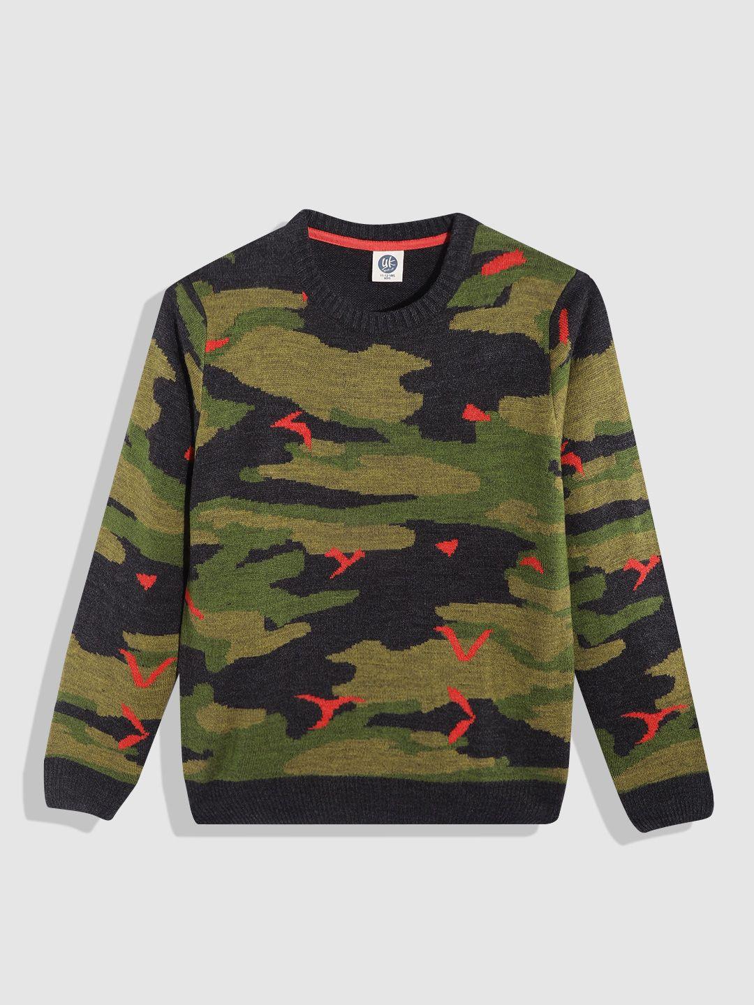 yk boys green & black camouflage printed pullover