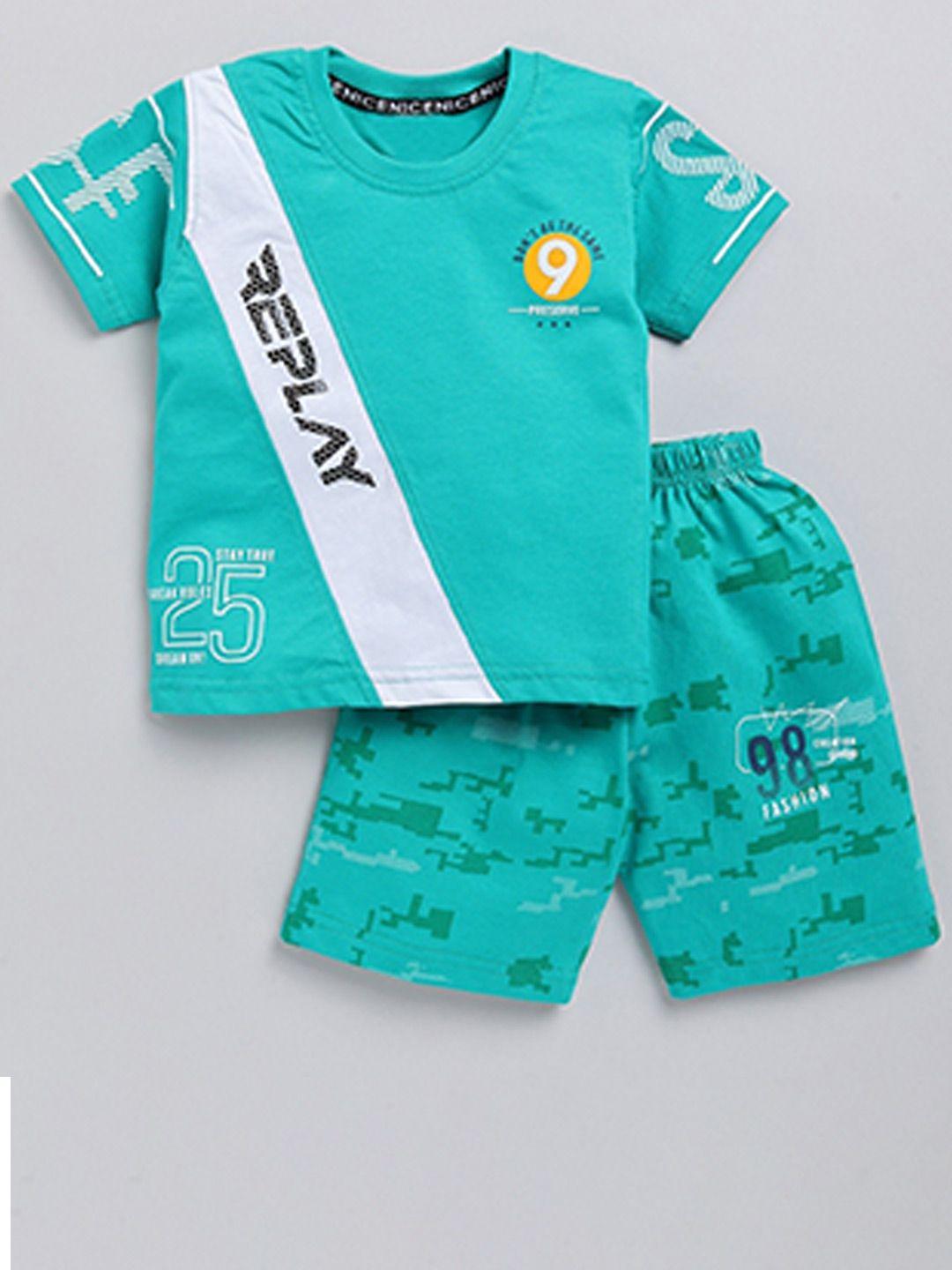 yk boys green & blue printed t-shirt with shorts