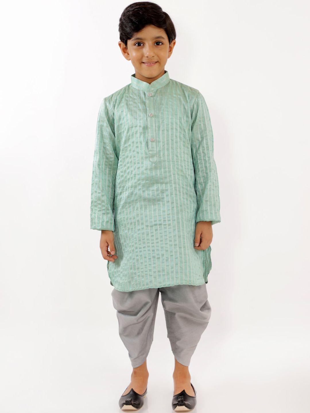 yk boys green & gold striped thread work straight kurta with dhoti pants