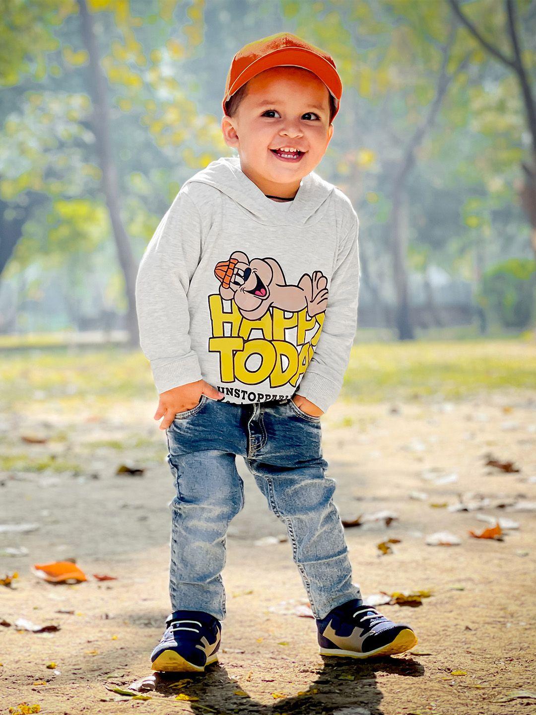 yk boys grey melange teddy bear printed hooded sweatshirt