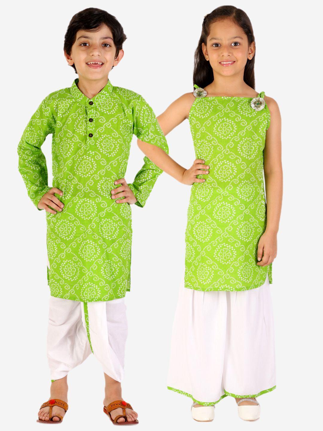 yk boys light green & white bandhani print cotton sibling collection kurta & dhoti pants