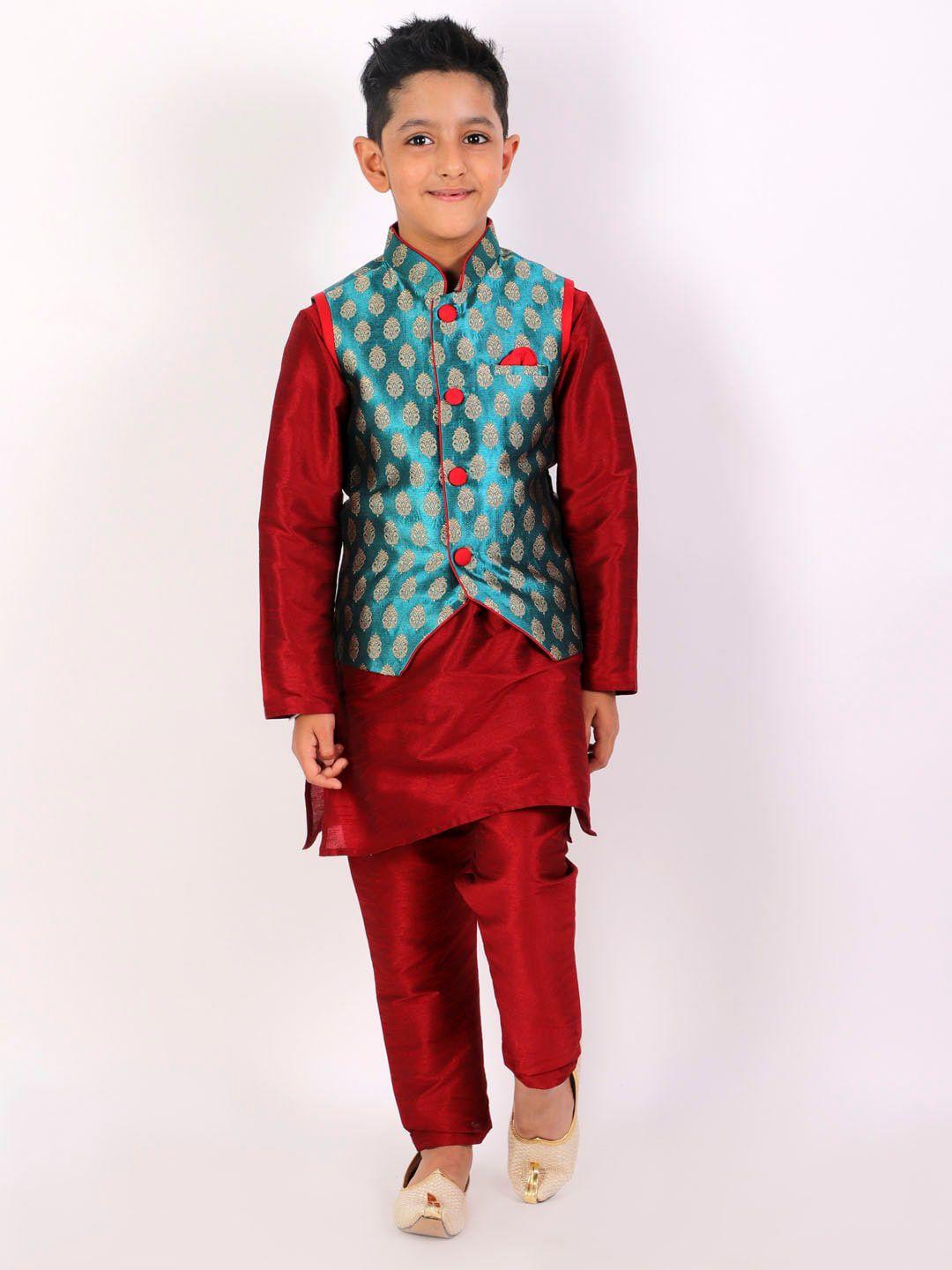 yk boys maroon & blue layered straight kurta with pyjamas & nehru jacket